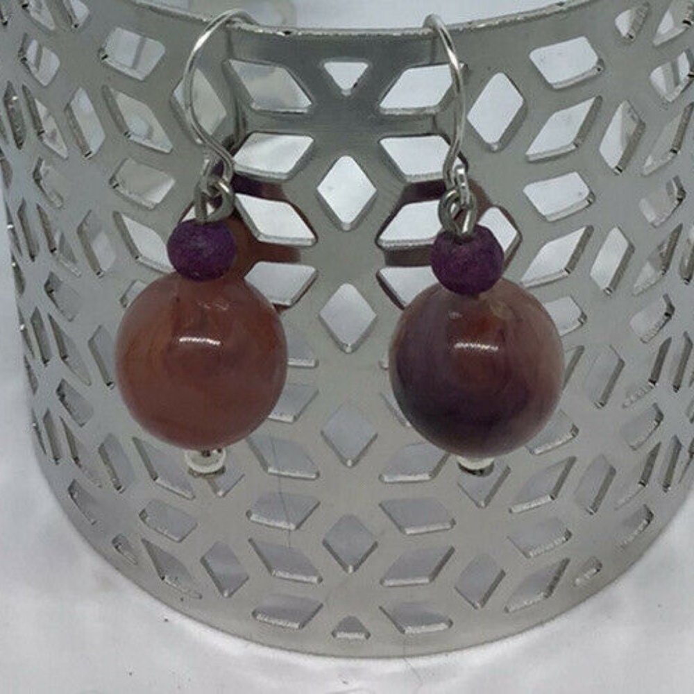 Artisan Earrings Silver Tone Stone Bead Dangle